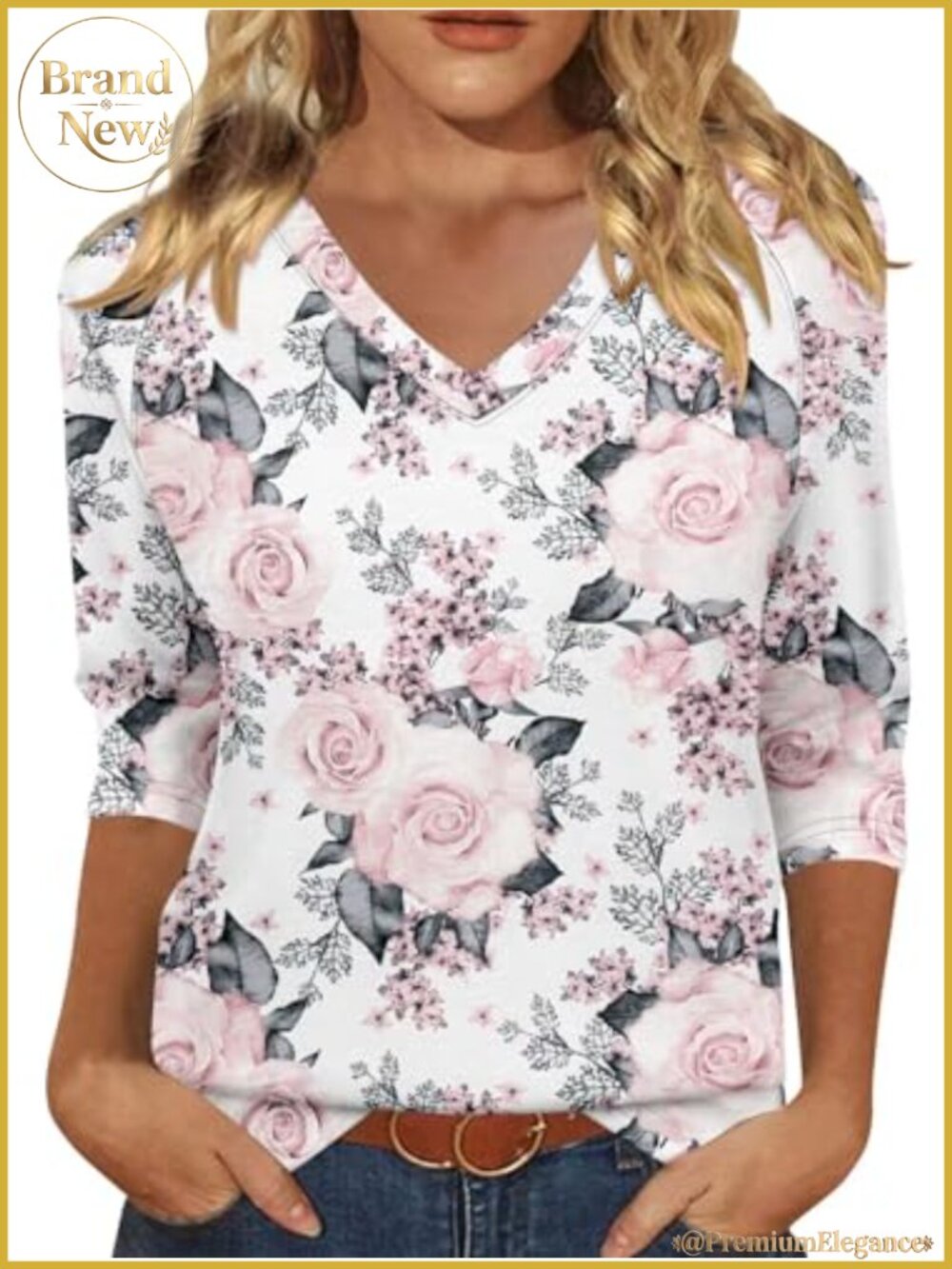 KISSMODA Women's 3/4 Sleeve V-Neck Loose Fit Floral Blouse Business Casual